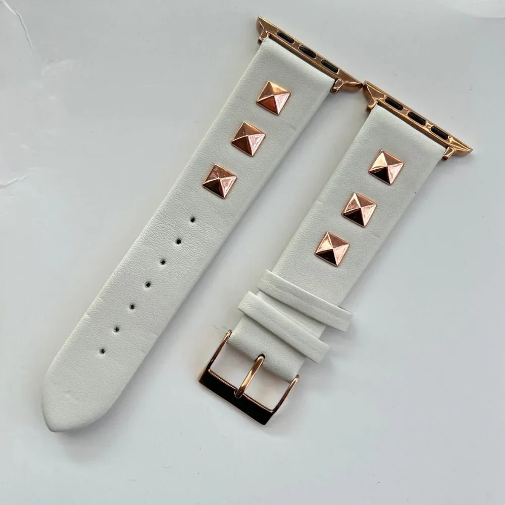 White Rose Gold Studded Apple Watch Band Faux Leather Strap